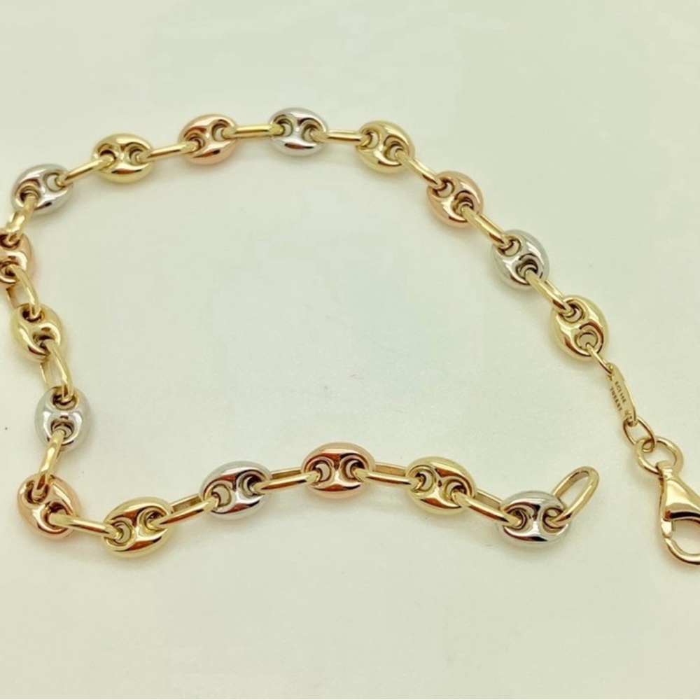 14k Solid Tri Colored Gold Puffed Mariner Link Chain Bracelet